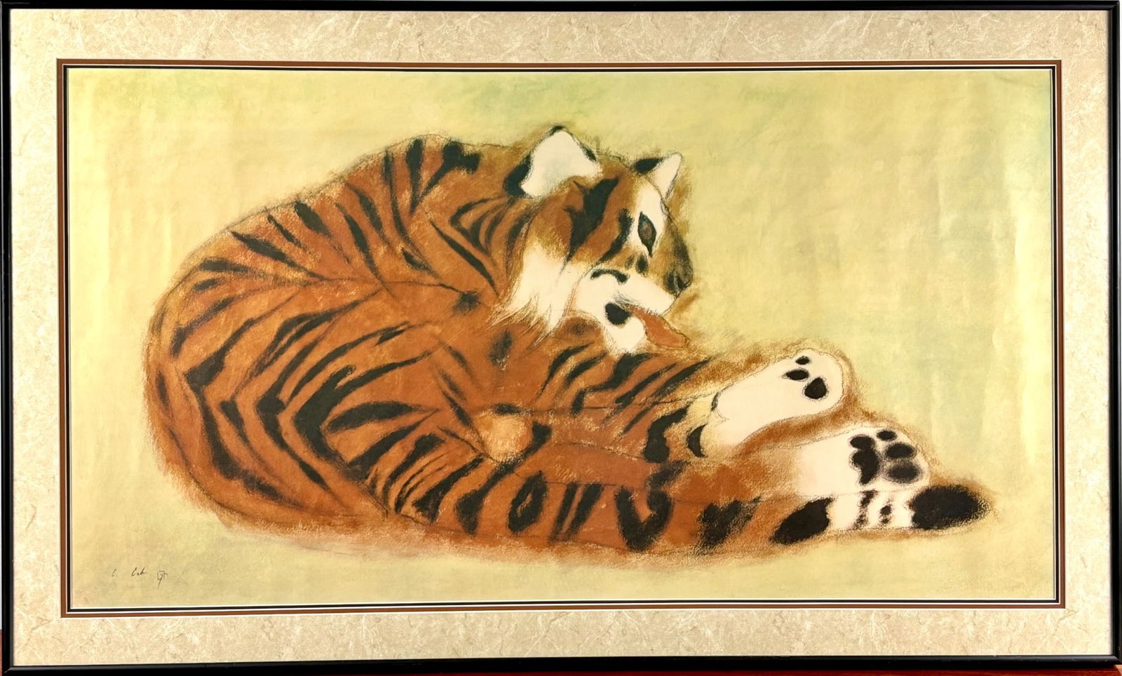 Charles Culver Charcoal and Pastel on Paper, Tiger : Charles Culver’s mixed media artwork featuring a tiger, created with charcoal and pastel on paper. The piece exhibits noticeable texture and ripples in the paper, likely due to age. Artwork is p
