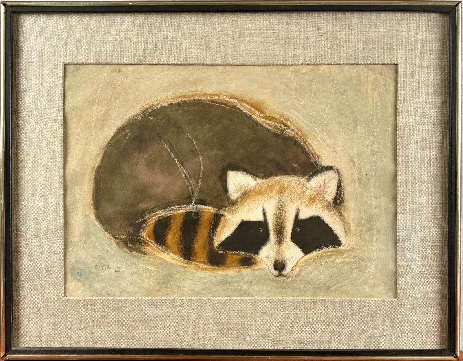 Charles Culver Charcoal and Pastel Drawing on Paper, ‘Raccoon’: Charcoal and pastel drawing on paper by C. Culver titled ‘Raccoon.’ Features a depiction of a resting raccoon rendered in warm and neutral tones. Artwork is mounted on a linen mat and pres
