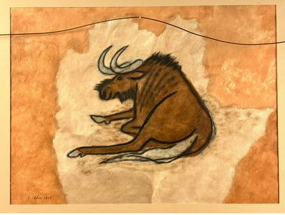 Charles Culver Double-Sided Framed Mixed Media on Paper Featuring ‘Moose’ and ‘Bat: Double-sided framed artwork by Charles Culver. The first side depicts a ‘Bat,’ showcasing bold lines and earthy tones on textured paper with red accents. The reverse side features a ‘Moose,’