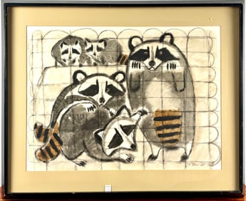 1957 Charcoal and Watercolor Illustration of Raccoons by C. Culver