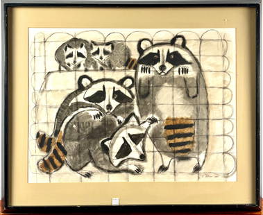 1957 Charcoal and Watercolor Illustration of Raccoons by C. Culver: Charcoal and watercolor artwork signed ‘C. Culver 1957’ featuring a group of raccoons against a gridded background. The piece is framed in a black frame with visible wear and mounted with