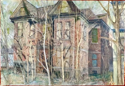 Pastel on Paper Depicting an Abandoned House in a Forested Setting