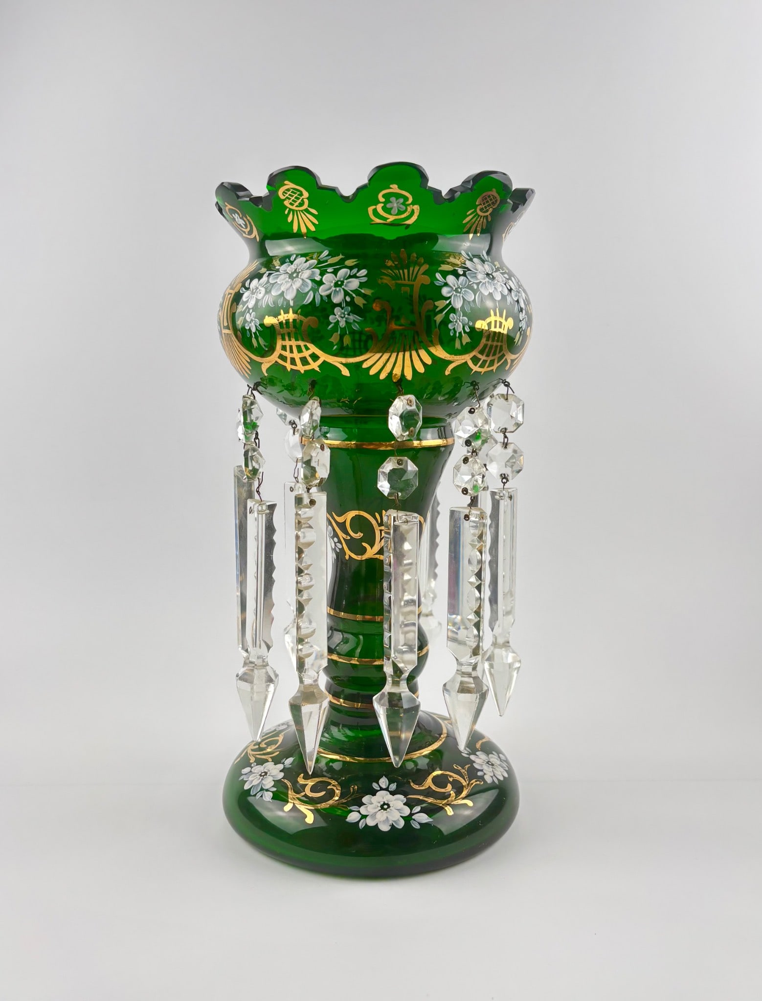 Bohemian Green Crystal Mantle Lustre with Gilt and Floral Design (1 of 9)