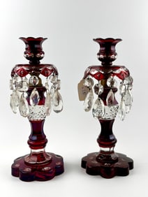 Pair of Ruby Cut-to Clear Crystal Mantle Lustres