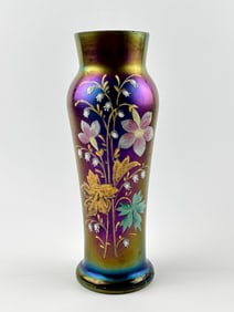 Loetz Austria Iridescent Glass Vase with Hand-Painted Floral Design