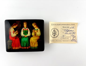 Russian Lacquer Box with Hand-Painted Folk Scene