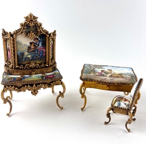 Reuge Swiss Music Box Vanity Desk and Chair Miniature Enamel Set 