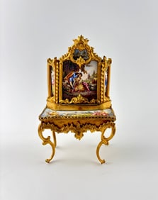 Reuge Swiss Dressing Table Music Box with Gilded Frame and Painted Enamel Panels