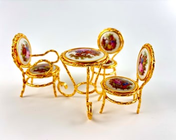 Limoges Miniature Porcelain Bistro Set with Gilt Metal Frames