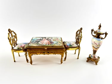 Viennese Miniature Gilt Bronze and Enamel Musical Dining Set (19th Century)