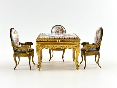 19th Century Vienna Enamel Miniature Dining Set with Gilded Bronze Frames