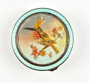 Sterling Silver Guilloché Enamel Compact with Micro-Mosaic-Style Bird, 1920s