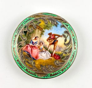 Austrian Sterling Silver and Guilloche Enamel Compact with Hand-Painted Scene