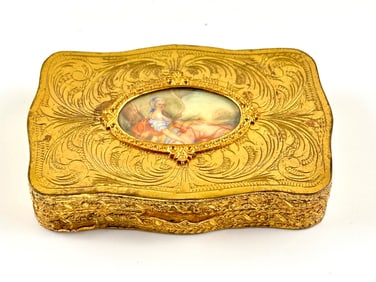 19th Century Gold-Tone Metal Compact with Enamel Portrait