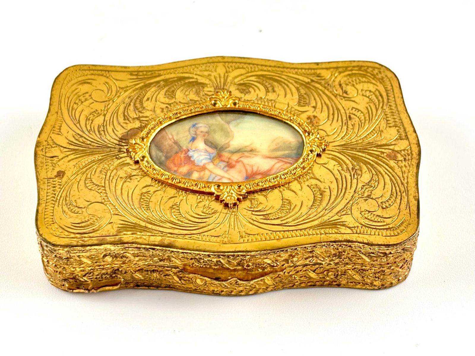 19th Century Gold-Tone Metal Compact with Enamel Portrait (1 of 12)