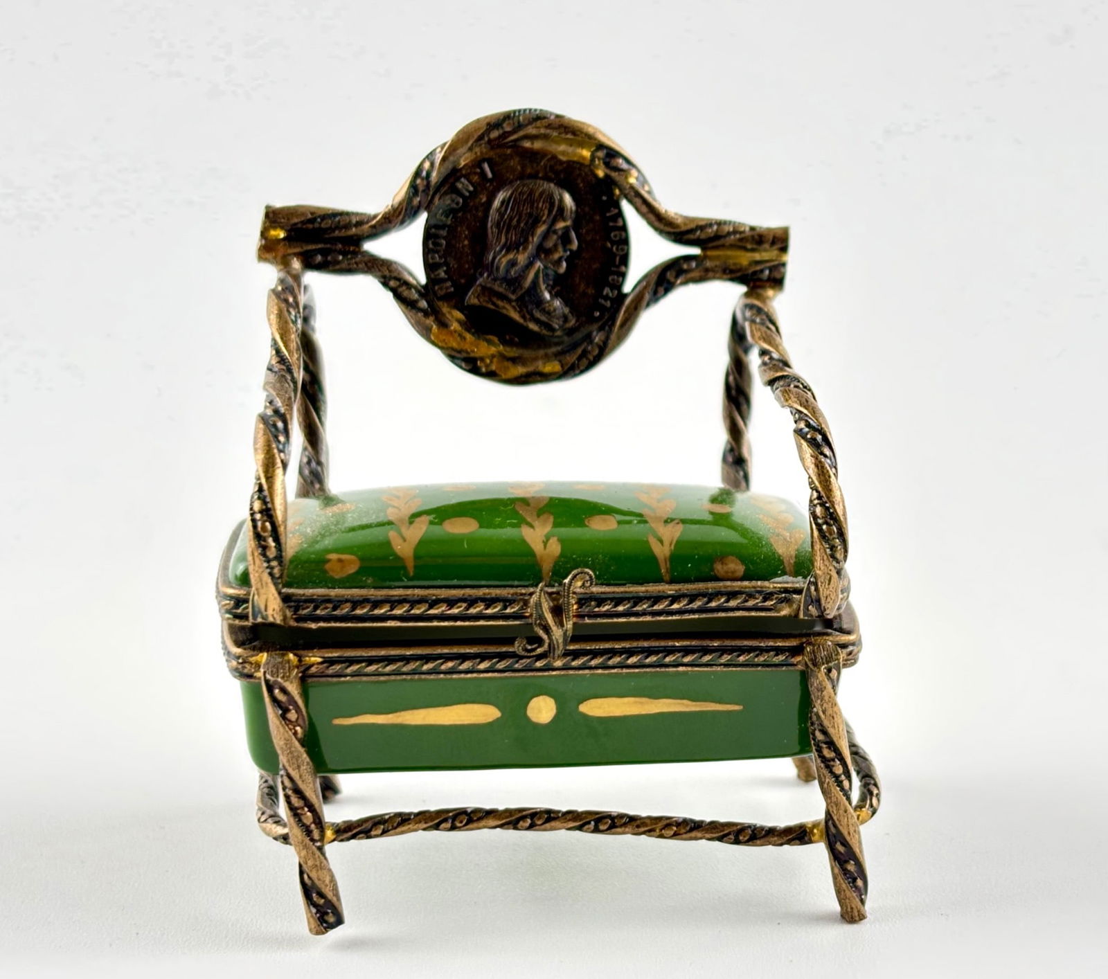 Painted Porcelain Limoges Box in the Form of a Chair with Napoleon Medallion (1 of 7)