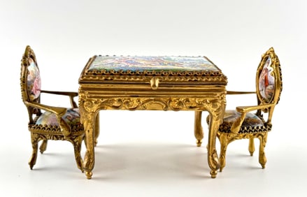 Viennese Enamel Miniature Furniture Set with Table and Two Chairs