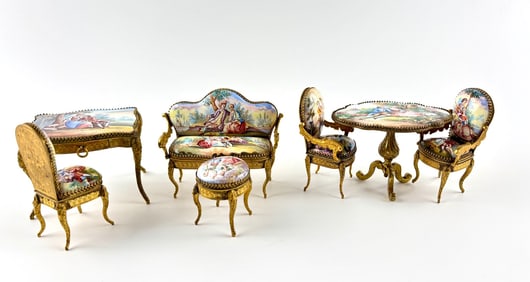 Viennese Enamel Miniature Parlor Set with Gilt Metal Frames