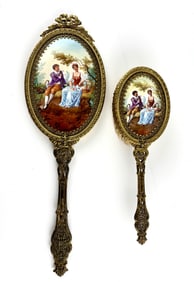 Ornate Gilded Hand Mirror and Brush Set with Painted Porcelain Insets