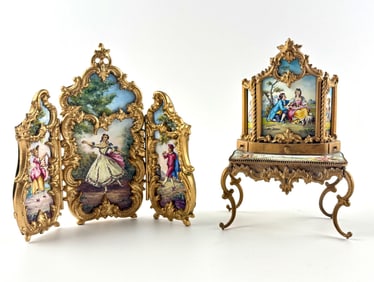 Austrian Gilt Metal and Enamel Miniature Clock and Triptych
