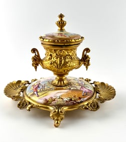 19th Century French Louis XV Rococo Revival Gilded Porcelain Inkwell, Circa 1880