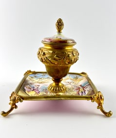 Ormolu and Porcelain Inkwell with Hand-Painted Scene on Gilded Tray
