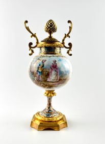 French Sevres-Style Champlevé  and Ormolu-Mounted Porcelain Urn , Late 19th Century