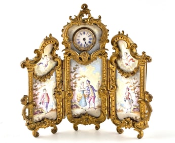 Gilt Bronze Miniature Triptych Clock with Hand-Painted Enamel Panels