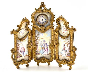 Gilt Bronze Miniature Triptych Clock with Hand-Painted Enamel Panels