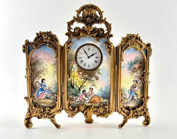 Gilded Metal French Mantel Clock with Hand-Painted Porcelain Panels (Fouquet Boiscommun)