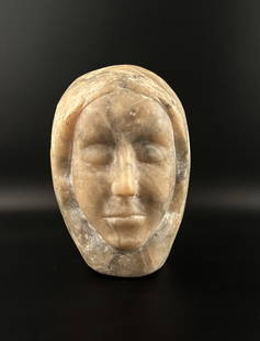 Tang Dynasty Museum Replica Bust (Horchow Gallery): Tang Dynasty carved stone bust in neutral tones, depicting a serene visage with a head covering. Marked as a museum replica, attributed to Horchow Gallery. Features nuanced hand-carved details and a p