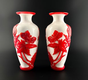 Pair of Chinese Red and White Peking Glass Vases