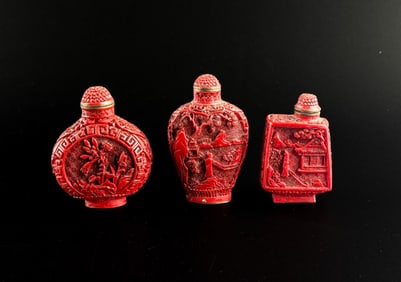 Three Red Cinnabar Lacquer Snuff Bottles 