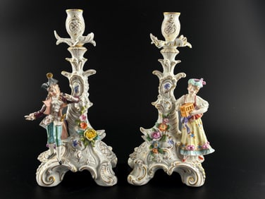 Rococo Capodimonte Porcelain Candlesticks with Figural and Floral Motifs