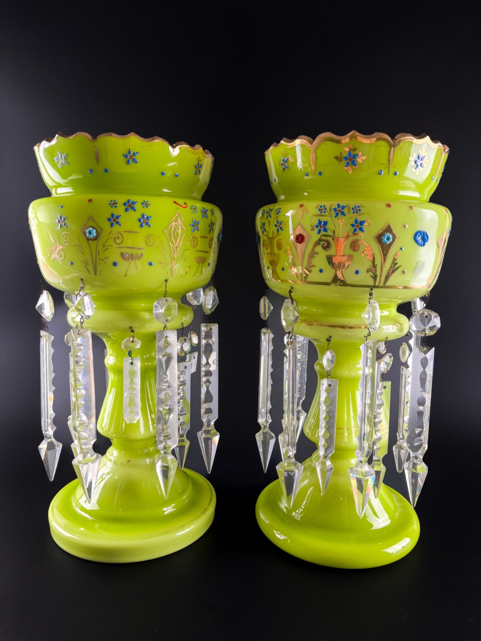 Bohemian Opaline Glass Mantle Lustres Signed “Kell” (1 of 16)