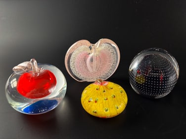 Four Art Glass Paperweights (Signed Nourot, Murano, Pilgrim Glass, and Millefiori )