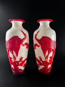 Pair of Chinese Peking Glass Vases with Crane and Tree Motifs