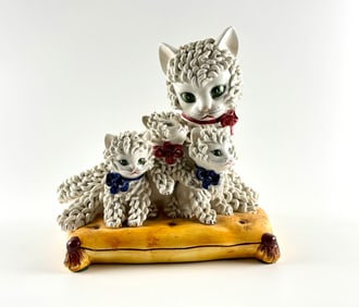 Italian Ceramic Cat Family Sculpture on Cushion Base, Mid-Century
