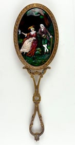 Martin Limoges Hand-Painted Enamel on Metal Hand Mirror with Gilded Handle