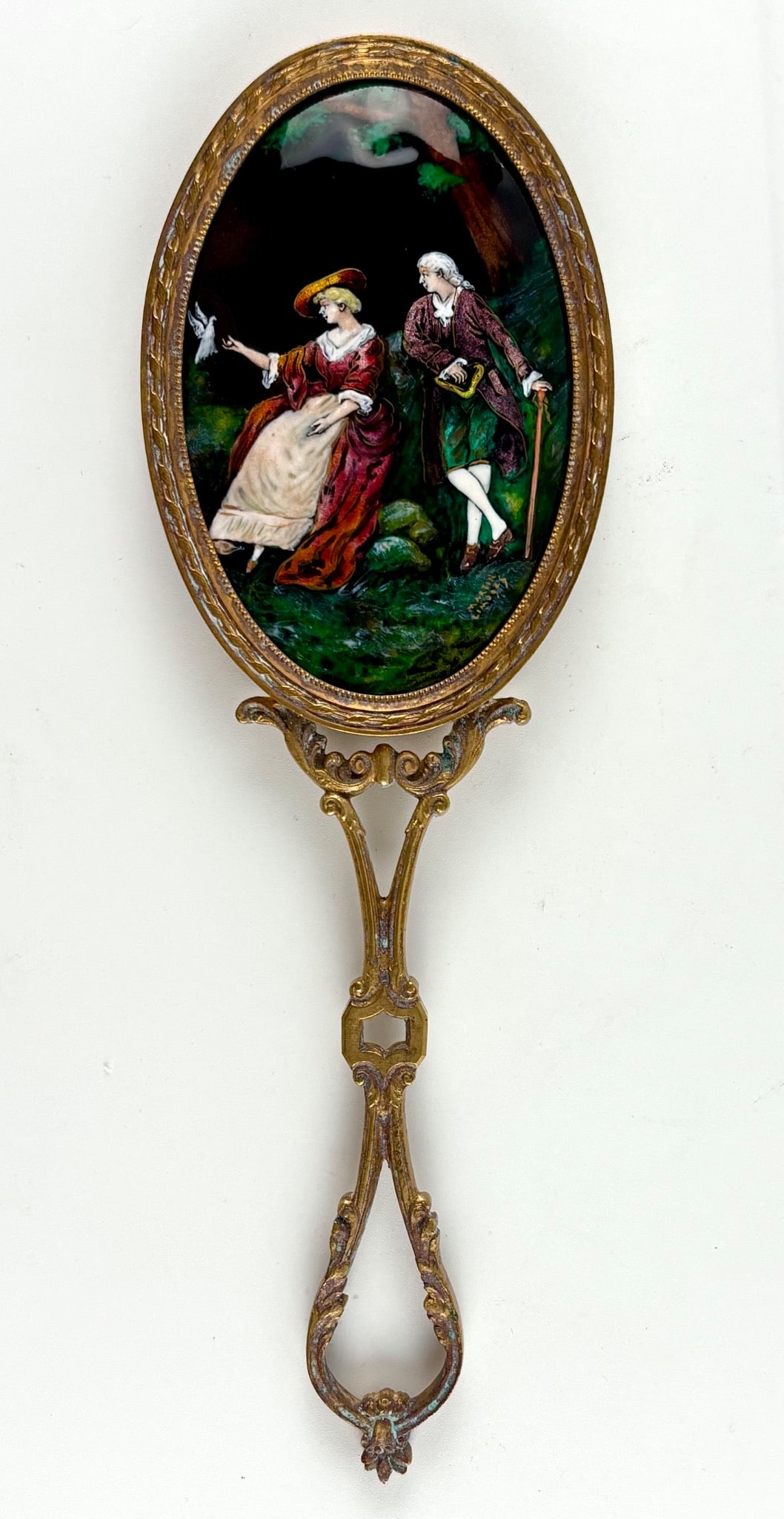 Martin Limoges Hand-Painted Enamel on Metal Hand Mirror with Gilded Handle (1 of 12)