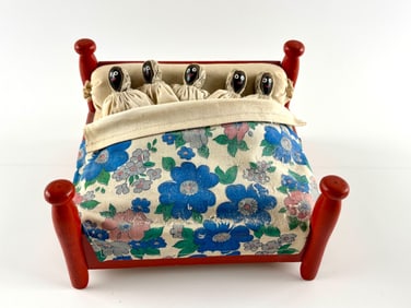 African Americana Painted Wooden Bed with Fabric Dolls 