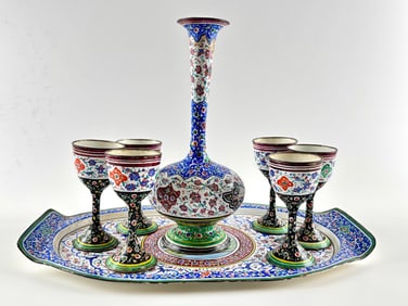 Persian Minakari Enamelware Set with Tray, Vase, and Six Goblets