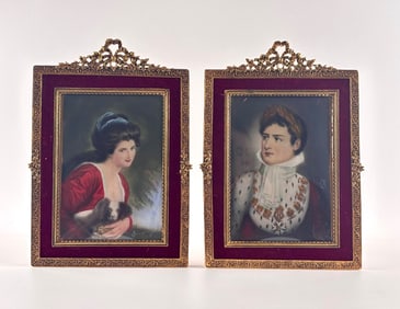 Hand-Painted Portrait Miniatures in Gilt Frames with Velvet Trim