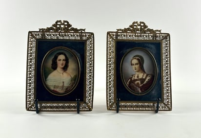 19th Century Continental Portrait Miniatures in Gilt Filigree Frames