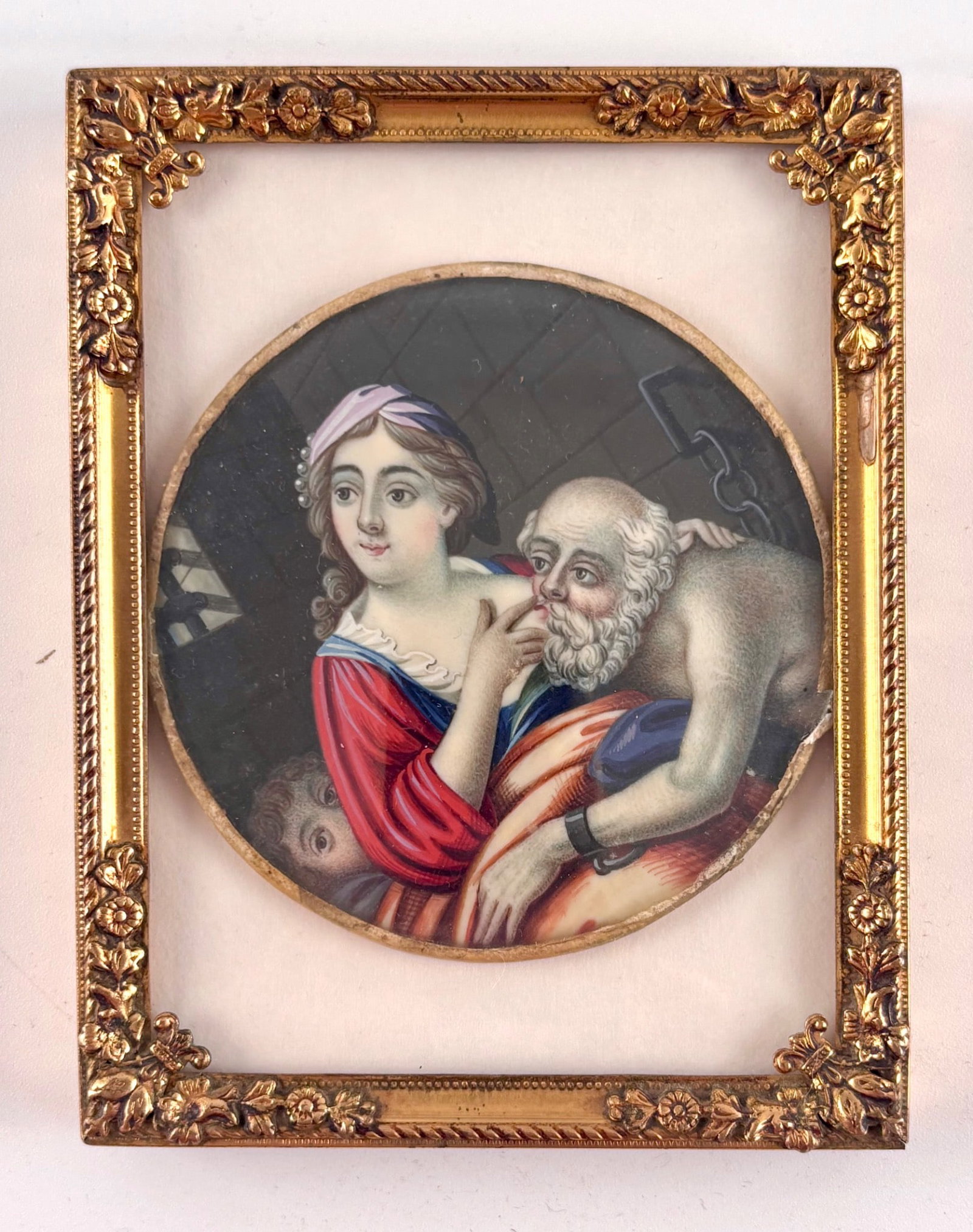 Framed Miniature Painting of ‘Cimon and Pero’ After Rubens, 1625: Hand-painted miniature depicting the iconic scene of ‘Cimon and Pero’ (Roman Charity), based on Peter Paul Rubens’ work from 1625. Painted on a circular substrate with a gilded edge,