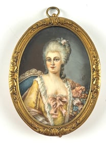19th Century Oval Hand-Painted Portrait Miniature in Gilt Metal Frame