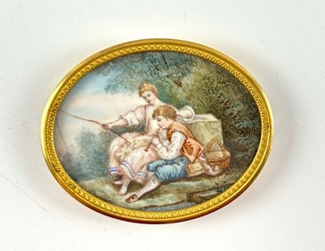 Oval Miniature Painting of Pastoral Scene in Gilt Metal Frame