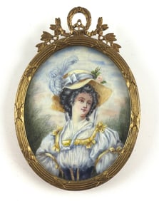 19th Century Gilded Brass Portrait Miniature of a Lady
