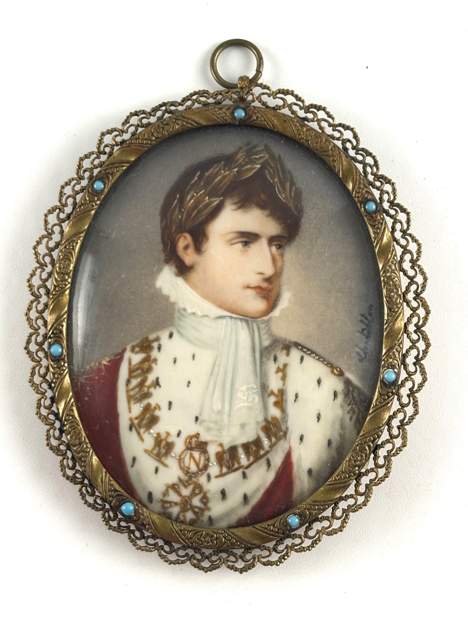 Continental 19th-Century European Portrait Miniature in Brass and Turquoise Frame (1 of 11)