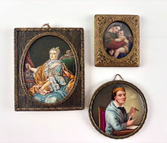 Three Hand-Painted Miniature Portrait Plaques in Metal Frames